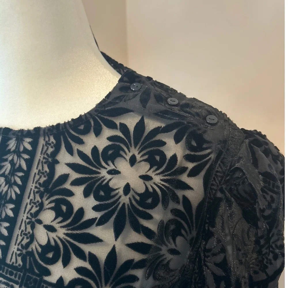Johnny Was Amatan Ruched Velvet Blouse Black Silk Blend Burnout Sheer XS